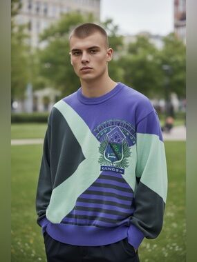 Lancel Long Sleeve Crewneck Sweater in Purple, Mint & Dark Gray